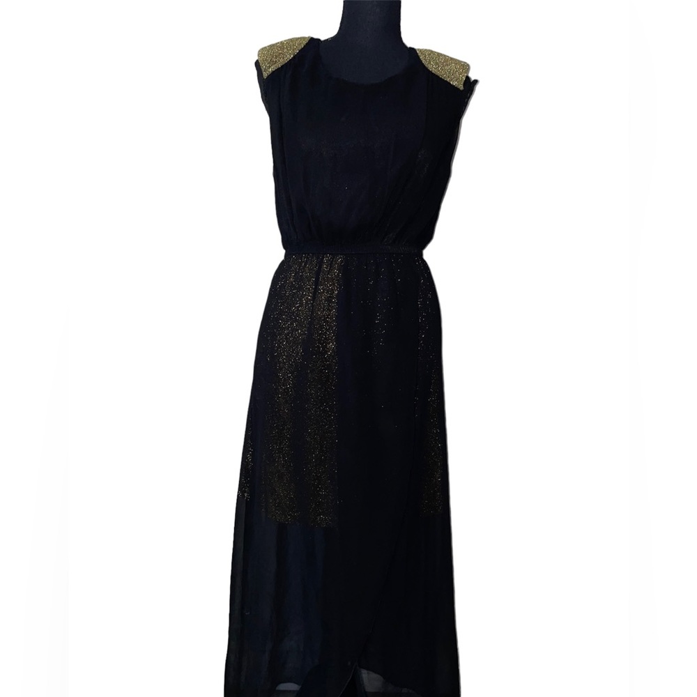 NWT! F21Black/Gold Shimmer Sheer Shoulder Dress (S) [Polyester, Nylon, Metallic]